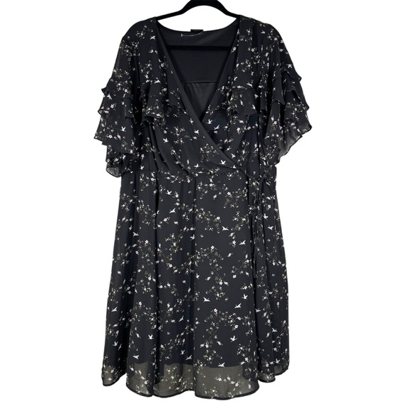 Torrid Black Floral Crane Bird Print Chiffon Dress Ruffle Flutter Sleeve Size 3X - Picture 1 of 9